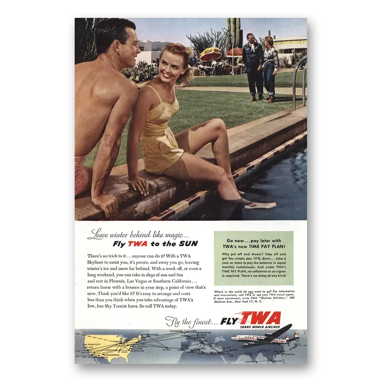 1954 TWA Airlines Leave Winter Behind Swimming Pool Vintage Magazine Print Ad