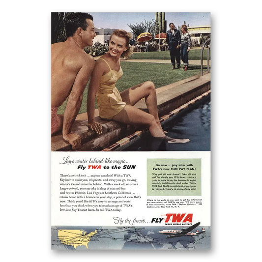 1954 TWA Airlines Leave Winter Behind Swimming Pool Vintage Magazine Print Ad