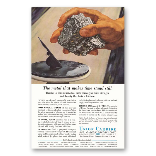 1954 Union Carbide Chromium Metal Makes Time Stand Still Vintage Magazine Print Ad