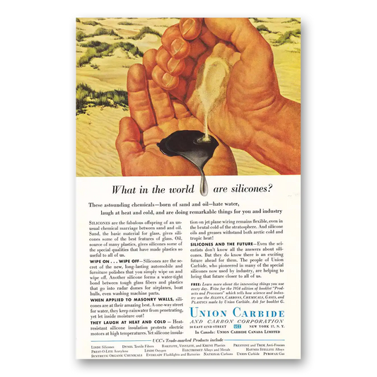 1954 Union Carbide What in the World are Silicones Vintage Magazine Print Ad