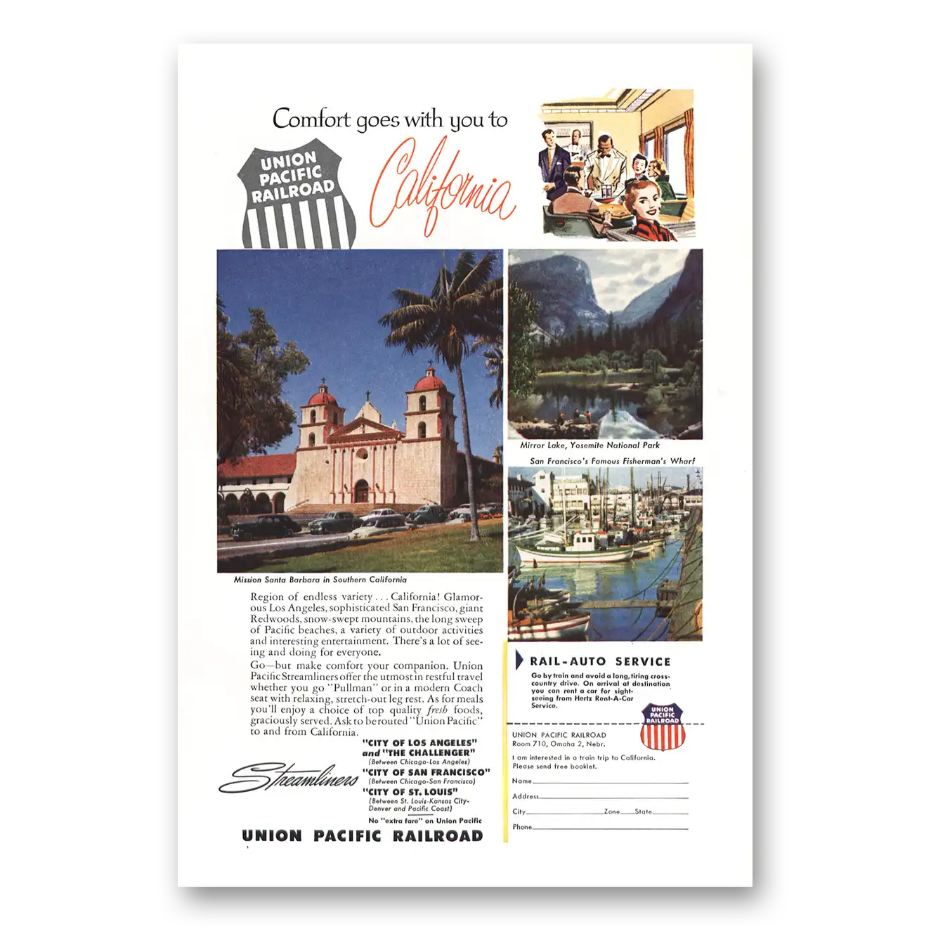 1954 Union Pacific Railroad Mission Santa Barbara Vintage Magazine Print Ad