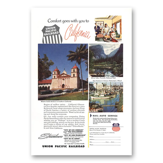 1954 Union Pacific Railroad Mission Santa Barbara Vintage Magazine Print Ad