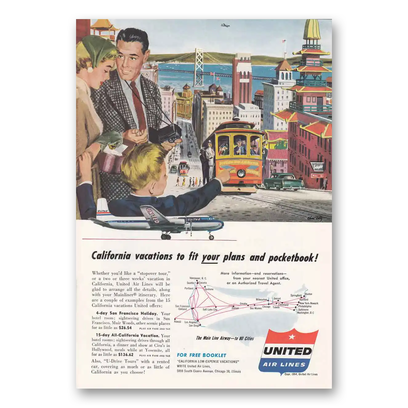 1954 United Airlines San Francisco Cable Car Vintage Magazine Print Ad