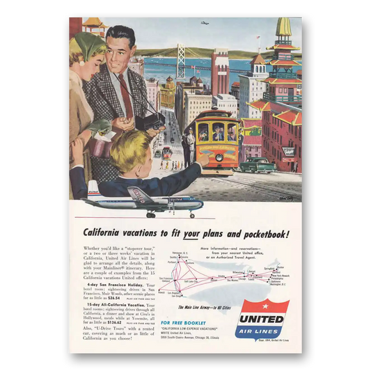 1954 United Airlines San Francisco Cable Car Vintage Magazine Print Ad