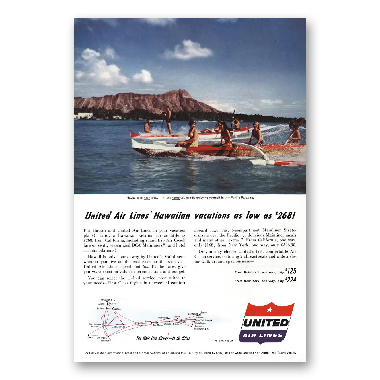 1954 United Airlines Hawaiian Vacation Diamond Head Vintage Magazine Print Ad