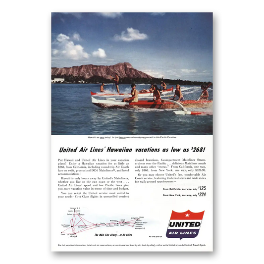 1954 United Airlines Hawaiian Vacation Diamond Head Vintage Magazine Print Ad