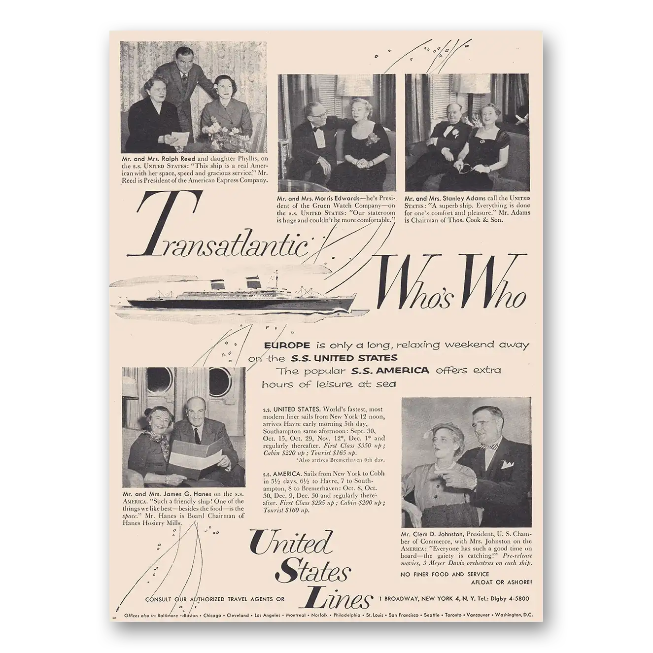 1954 United States Lines Transatlantic Whos Who Vintage Magazine Print Ad