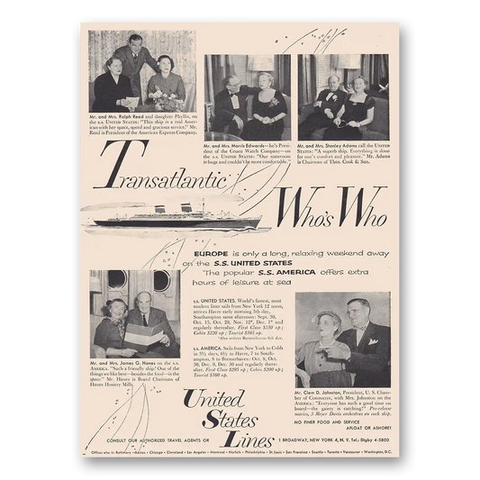 1954 United States Lines Transatlantic Whos Who Vintage Magazine Print Ad