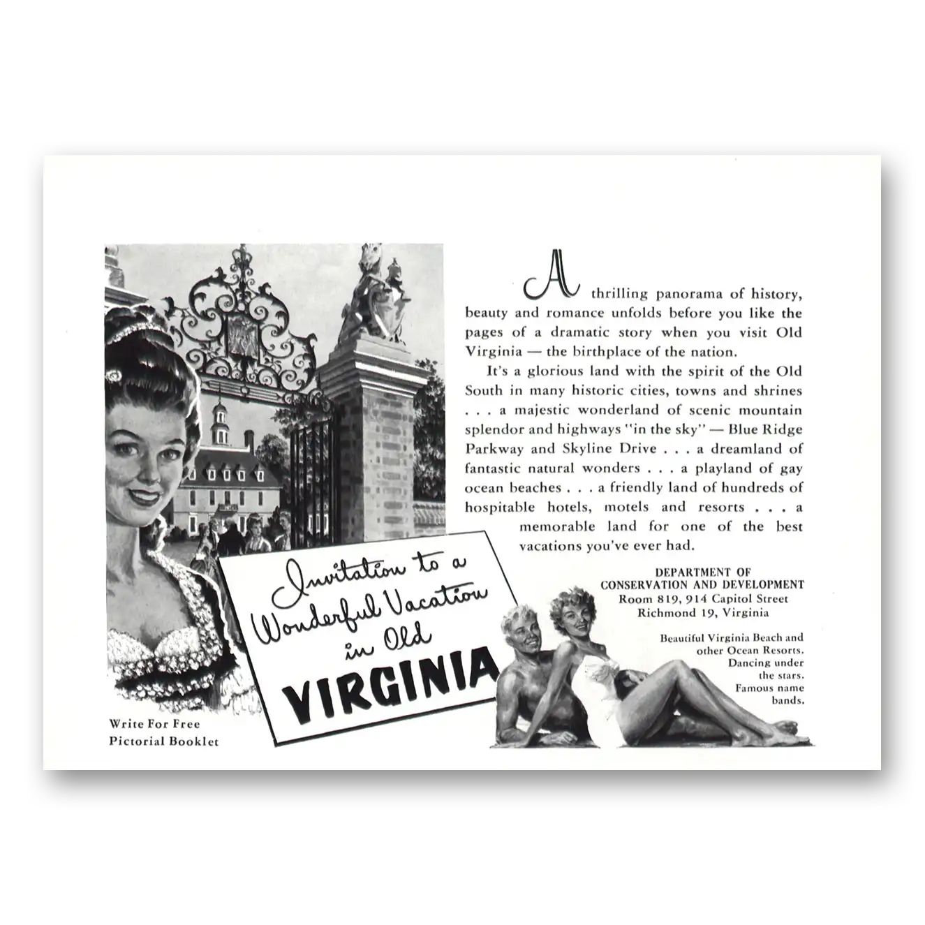 1954 Virginia Invitation to a Wonderful Vacation Vintage Magazine Print Ad