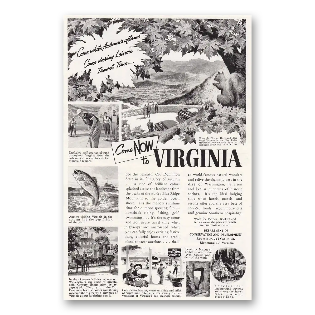 1954 Virginia Come Now to Virginia Vintage Magazine Print Ad