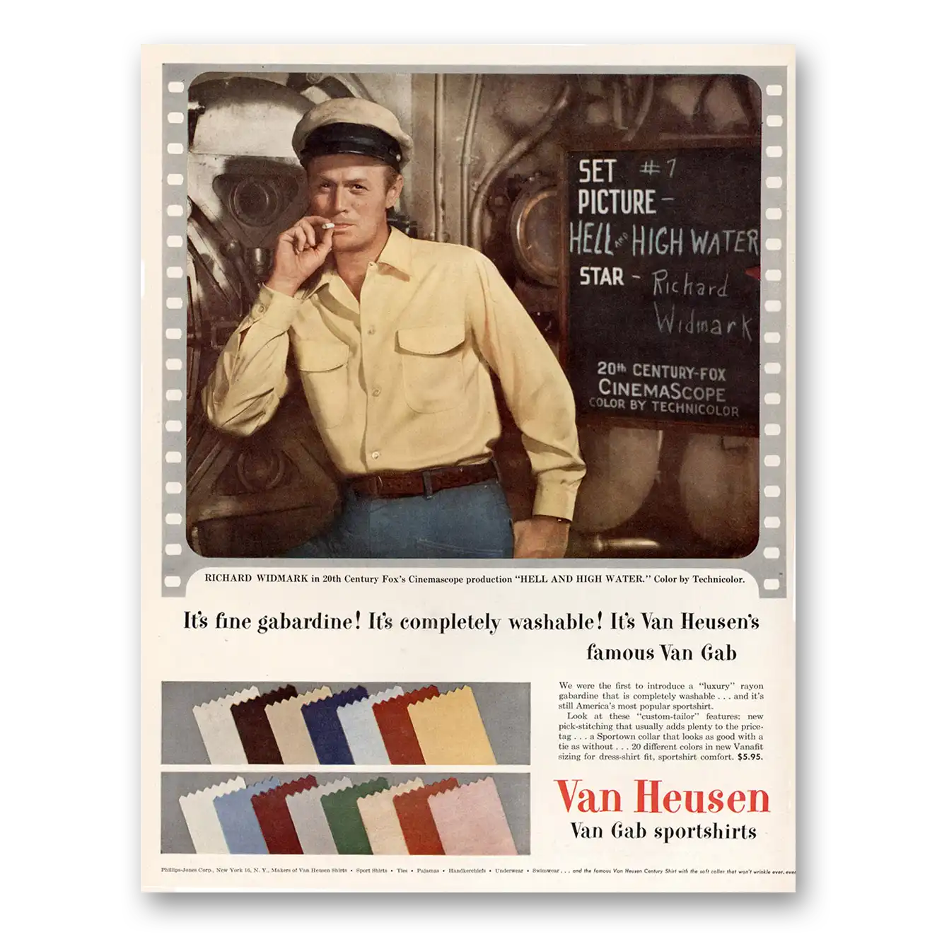 1954 Van Heusen Shirts Richard Widmark Hell and High Water Vintage Magazine Print Ad