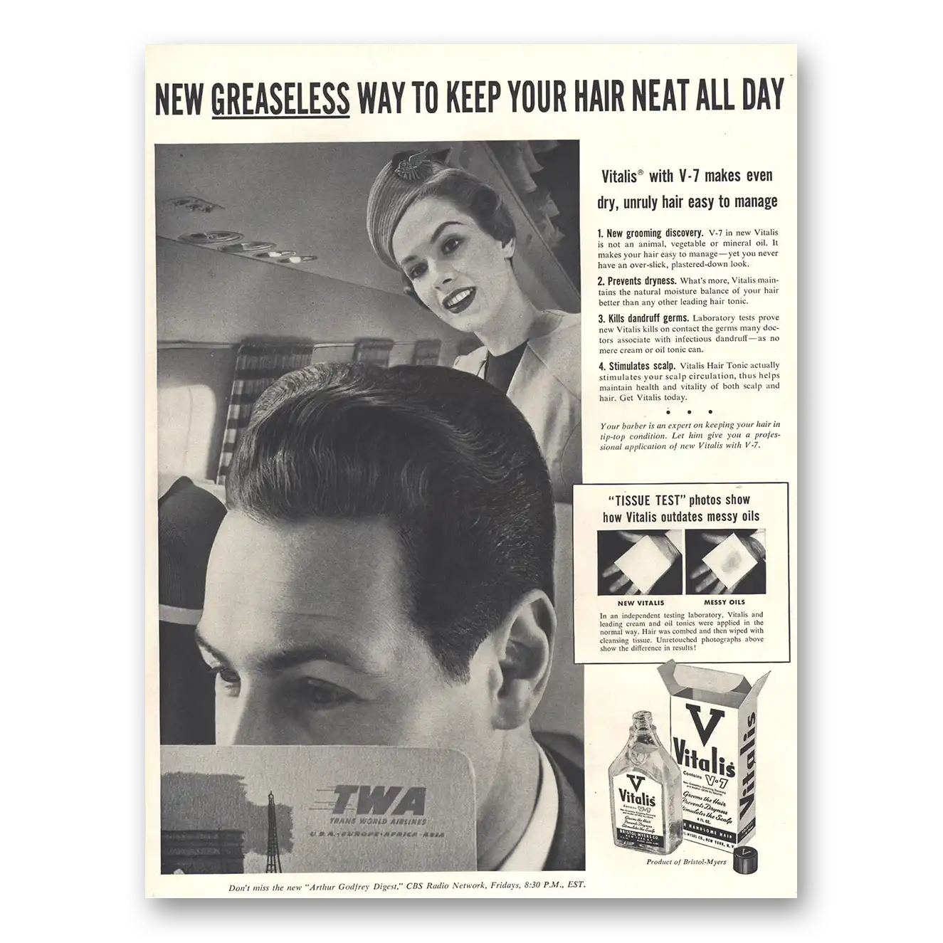 1954 Vitalis Greaseless Way to Keep Your Hair TWA Vintage Magazine Print Ad