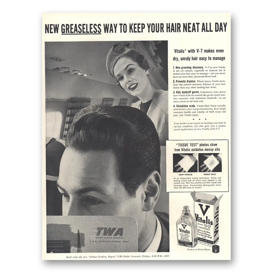 1954 Vitalis Greaseless Way to Keep Your Hair TWA Vintage Magazine Print Ad