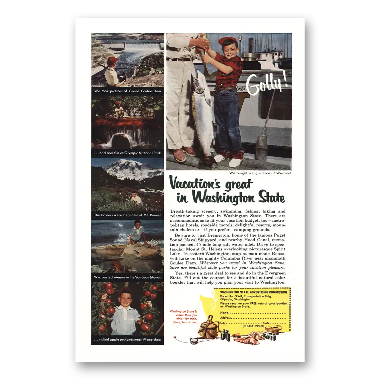 1954 Washington Golly Grand Coulee Dam Olympic Vintage Magazine Print Ad