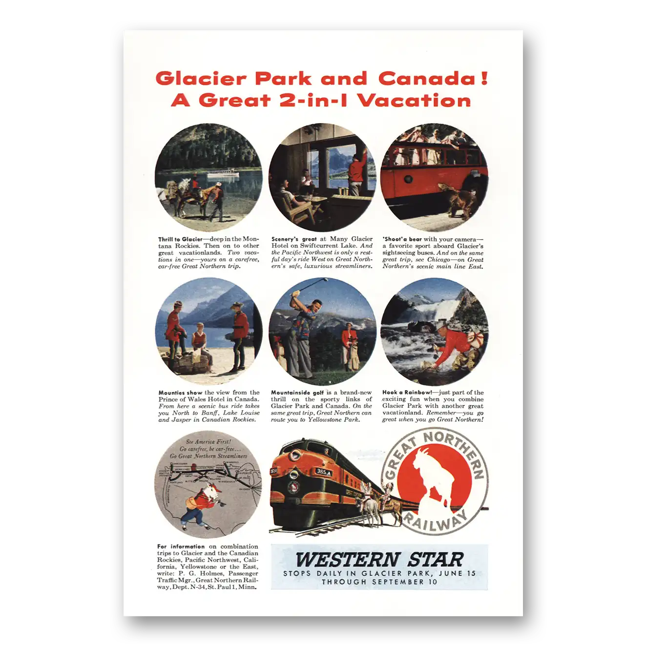 1954 Great Northern Railway Glacier Park and Canada Vintage Magazine Print Ad