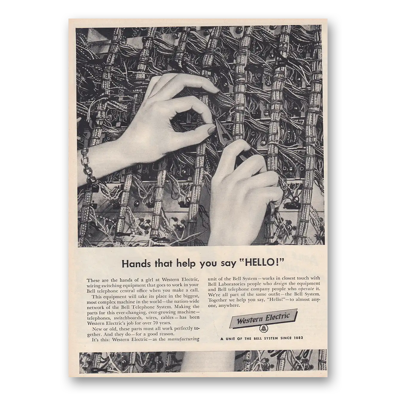 1954 Western Electric Hands that Help You Say Hello Vintage Magazine Print Ad