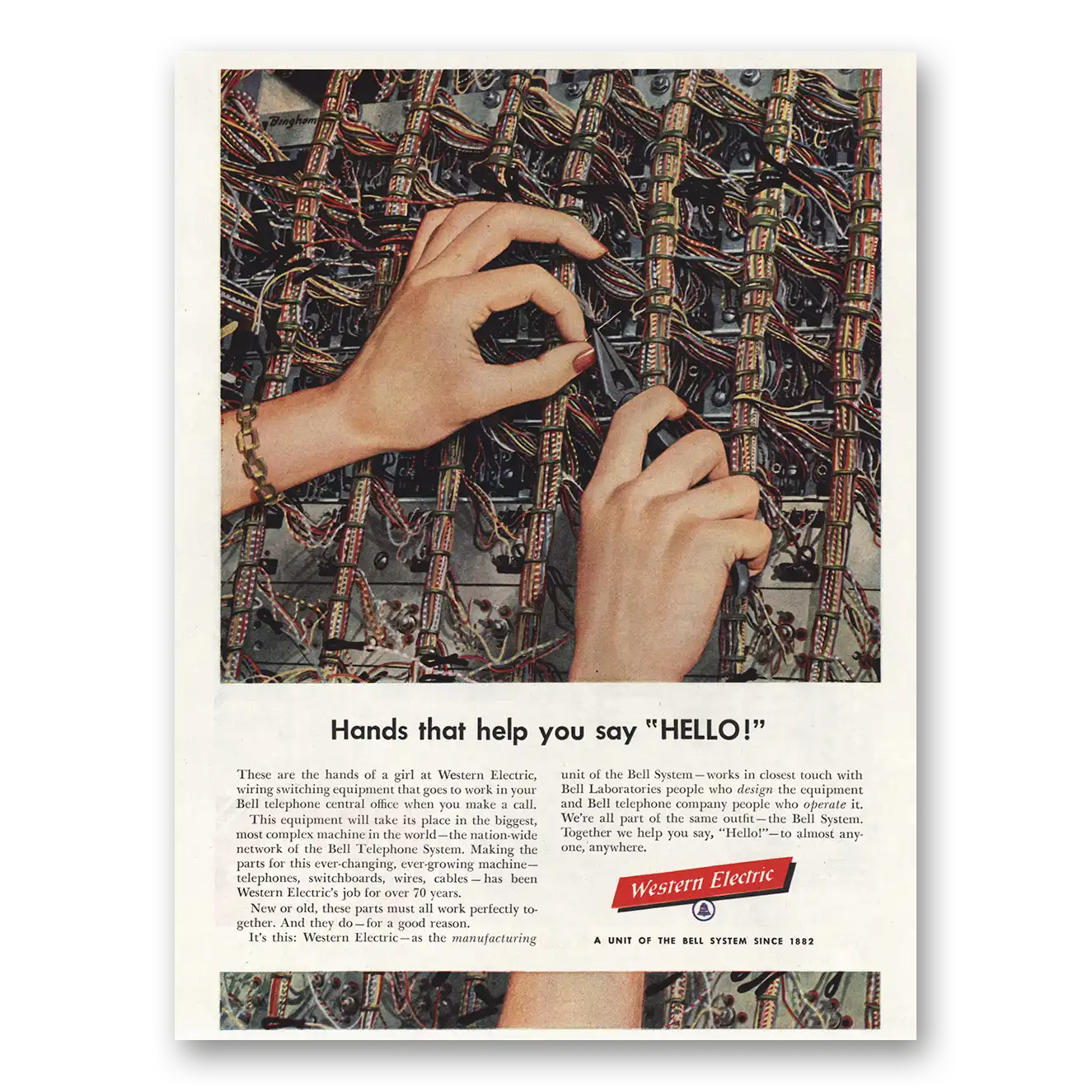 1954 Western Electric Hands That Help Say Hello Vintage Magazine Print Ad