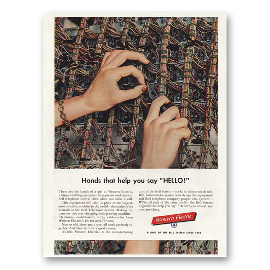 1954 Western Electric Hands That Help Say Hello Vintage Magazine Print Ad