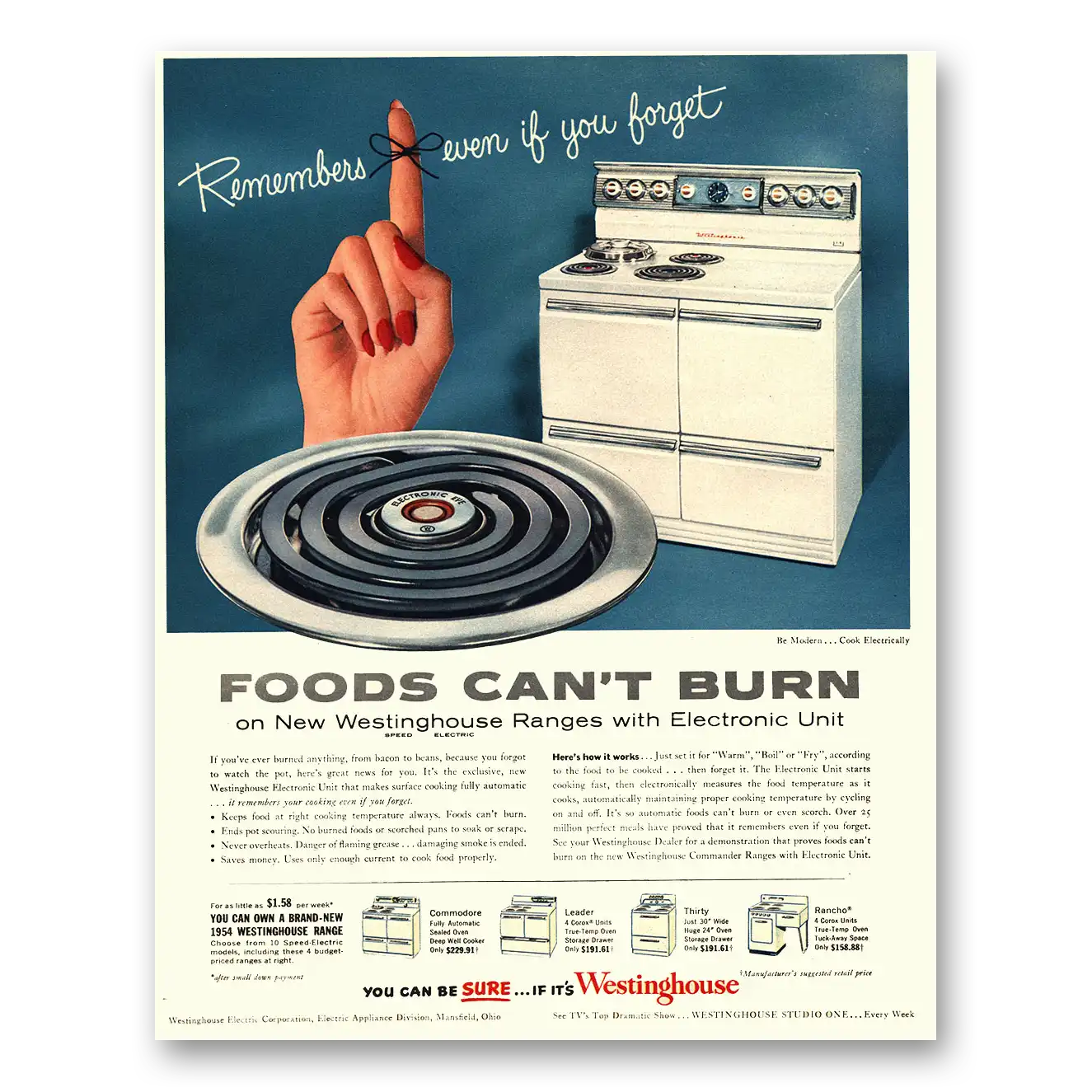 1954 Westinghouse Oven Remembers Even If You Forget Vintage Magazine Print Ad