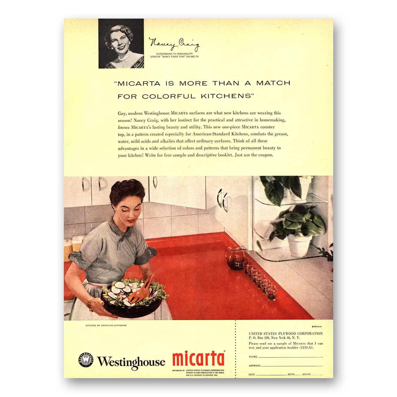 1954 Westinghouse Micarta Colorful Kitchens Nancy Craig Vintage Magazine Print Ad