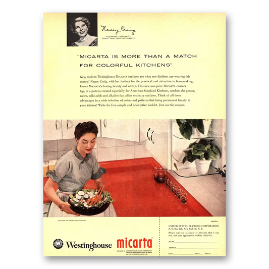 1954 Westinghouse Micarta Colorful Kitchens Nancy Craig Vintage Magazine Print Ad