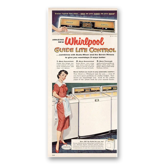 1954 Whirlpool Washer Guide Lite Control Vintage Magazine Print Ad