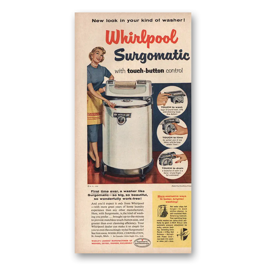 1954 Whirlpool Washer Surgomatic Touch Button Control Vintage Magazine Print Ad