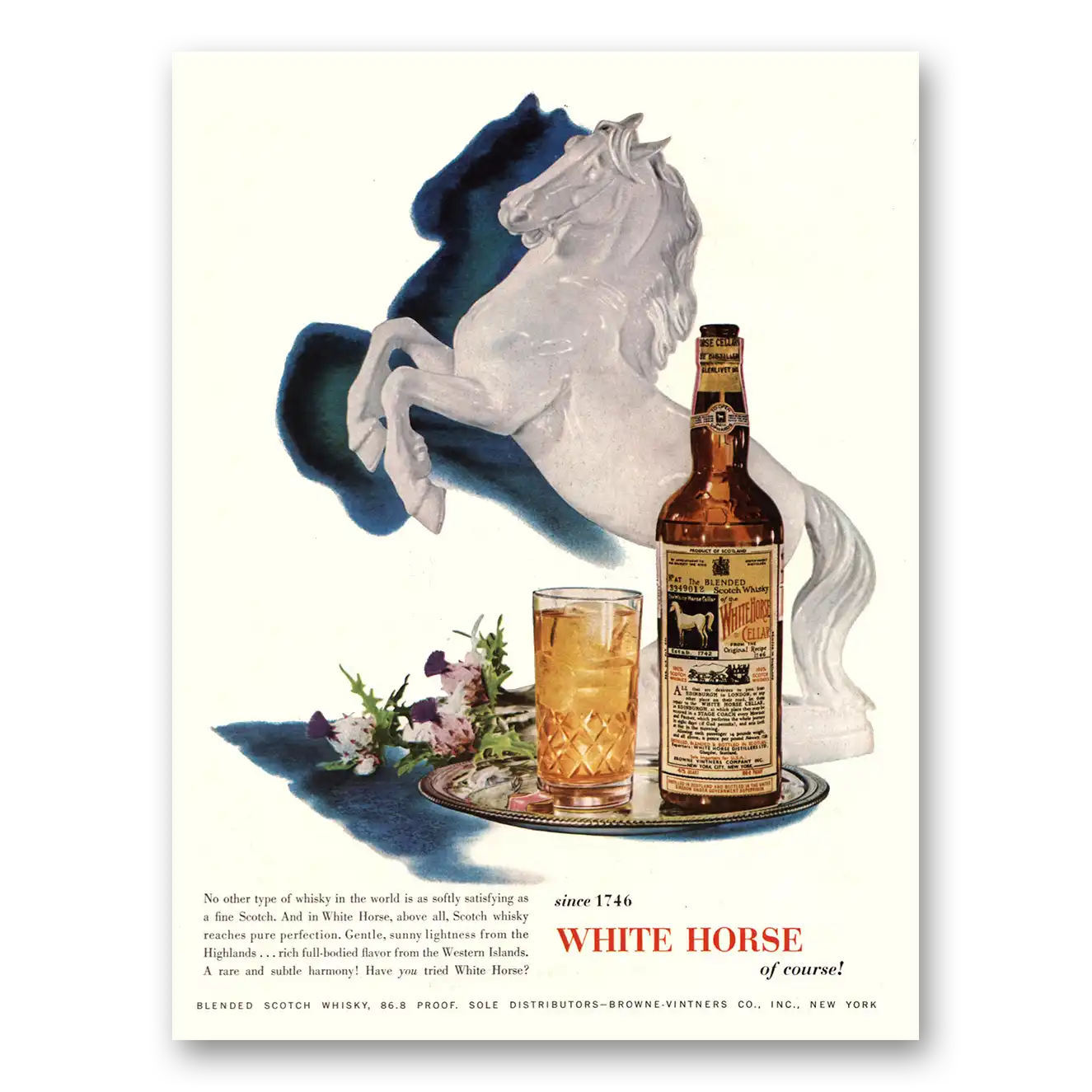 1954 White Horse Scotch Whisky Softly Satisfying As a Fine Scotch Vintage Magazine Print Ad