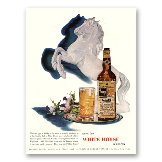 1954 White Horse Scotch Whisky Softly Satisfying As a Fine Scotch Vintage Magazine Print Ad