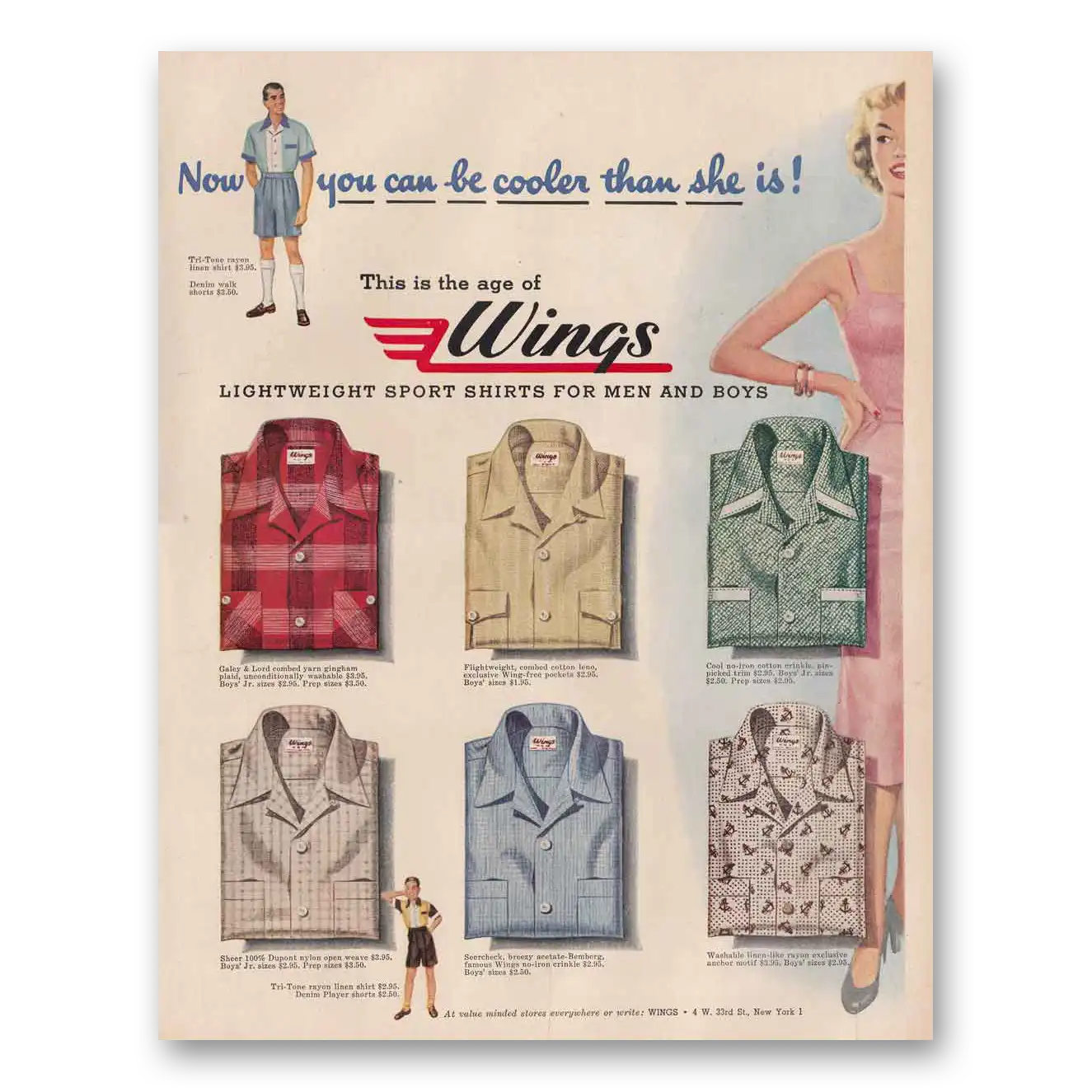 1954 Wings Sport Shirts Cooler Than She Is Vintage Magazine Print Ad