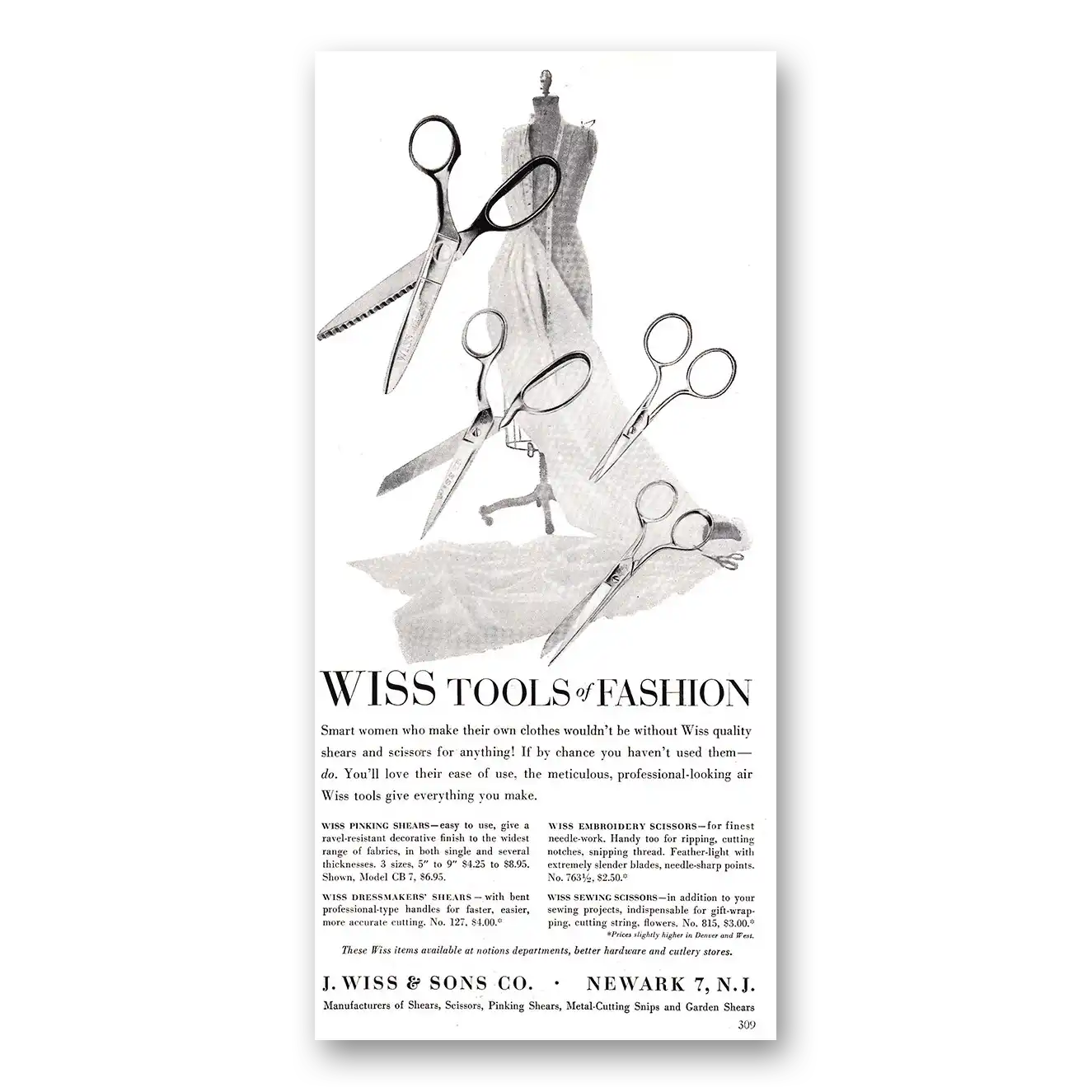 1954 Wiss Shears and Scissors Tools of Fashion Smart Women Who Make Their Clothes Vintage Magazine Print Ad