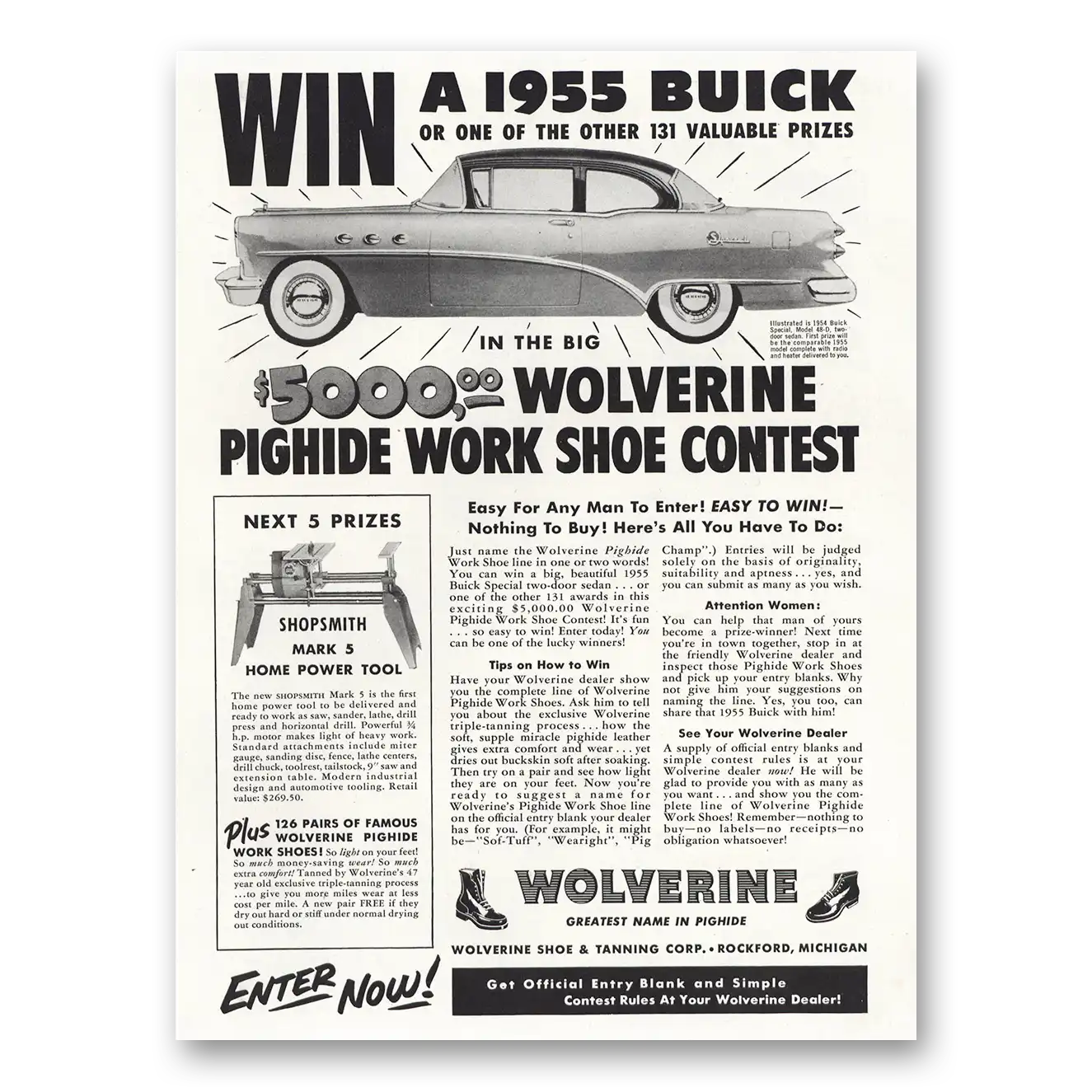 1954 Wolverine Work Shoes Win 1955 Buick Vintage Magazine Print Ad