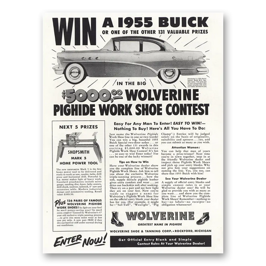 1954 Wolverine Work Shoes Win 1955 Buick Vintage Magazine Print Ad