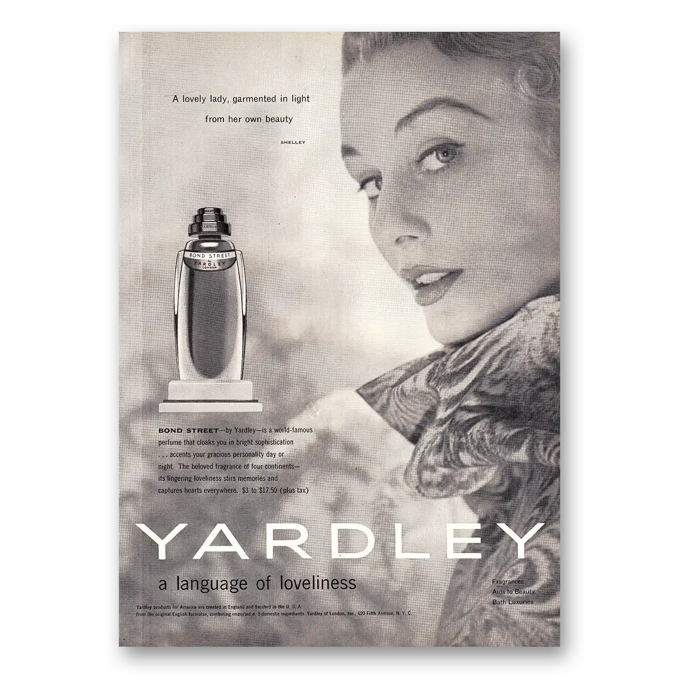 1954 Bond Street Perfume Lovely Lady Garmented in Light From Her Own Beauty Vintage Magazine Print Ad