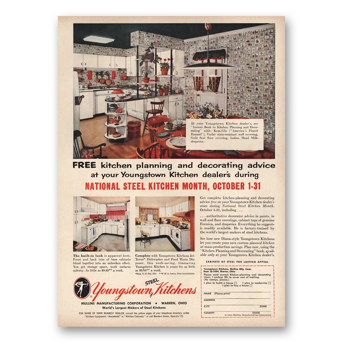 1954 Youngstown Kitchens National Steel Kitchen Month Vintage Magazine Print Ad