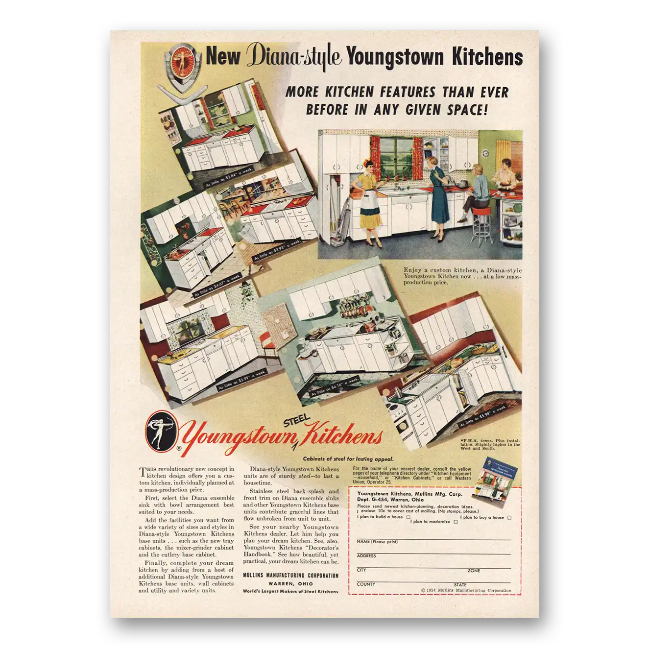 1954 Youngstown Kitchens Diana Style Vintage Magazine Print Ad