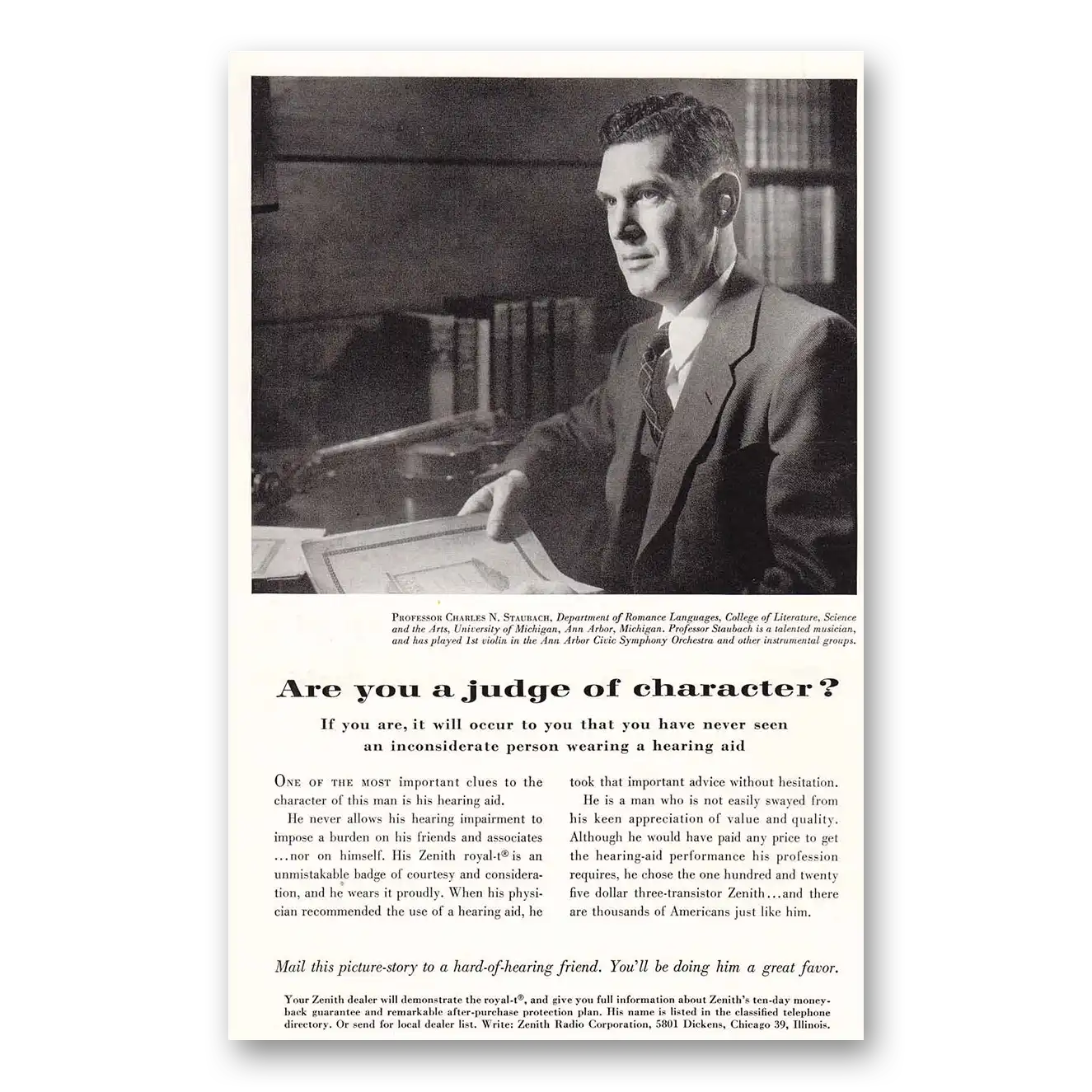 1954 Zenith Hearing Aid Royal T Hearing Aid Judge of Character Vintage Magazine Print Ad