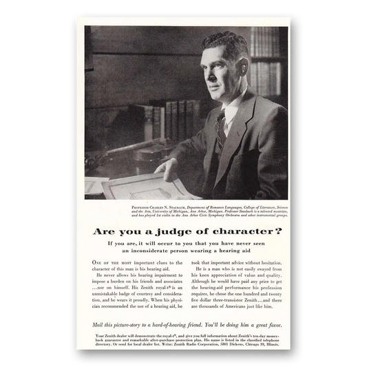 1954 Zenith Hearing Aid Royal T Hearing Aid Judge of Character Vintage Magazine Print Ad