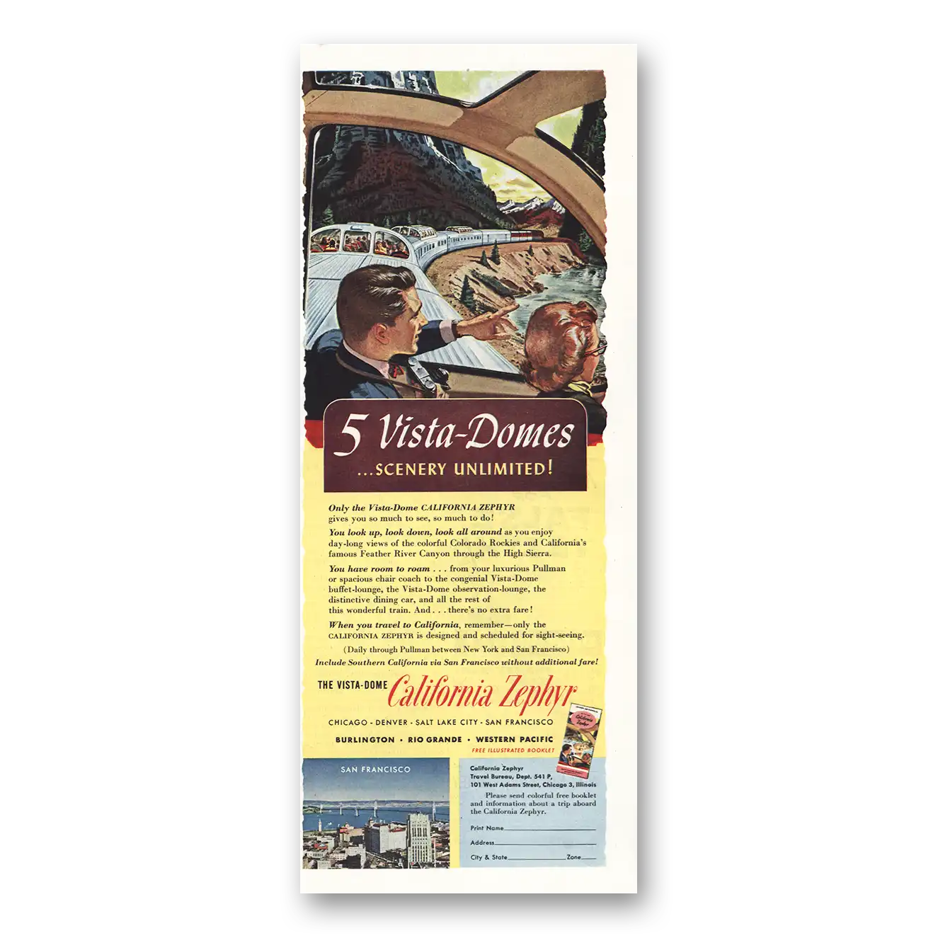 1954 California Zephyr Vista Domes Vintage Magazine Print Ad