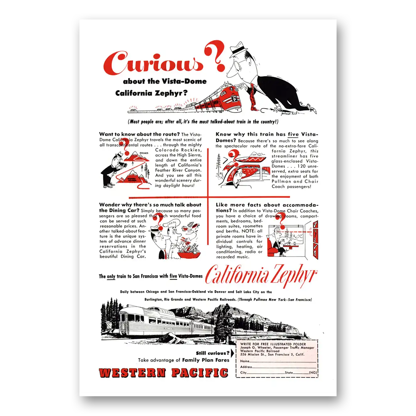 1954 California Zephyr Curious About Vista Dome Vintage Magazine Print Ad