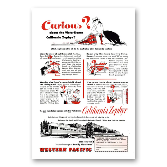 1954 California Zephyr Curious About Vista Dome Vintage Magazine Print Ad