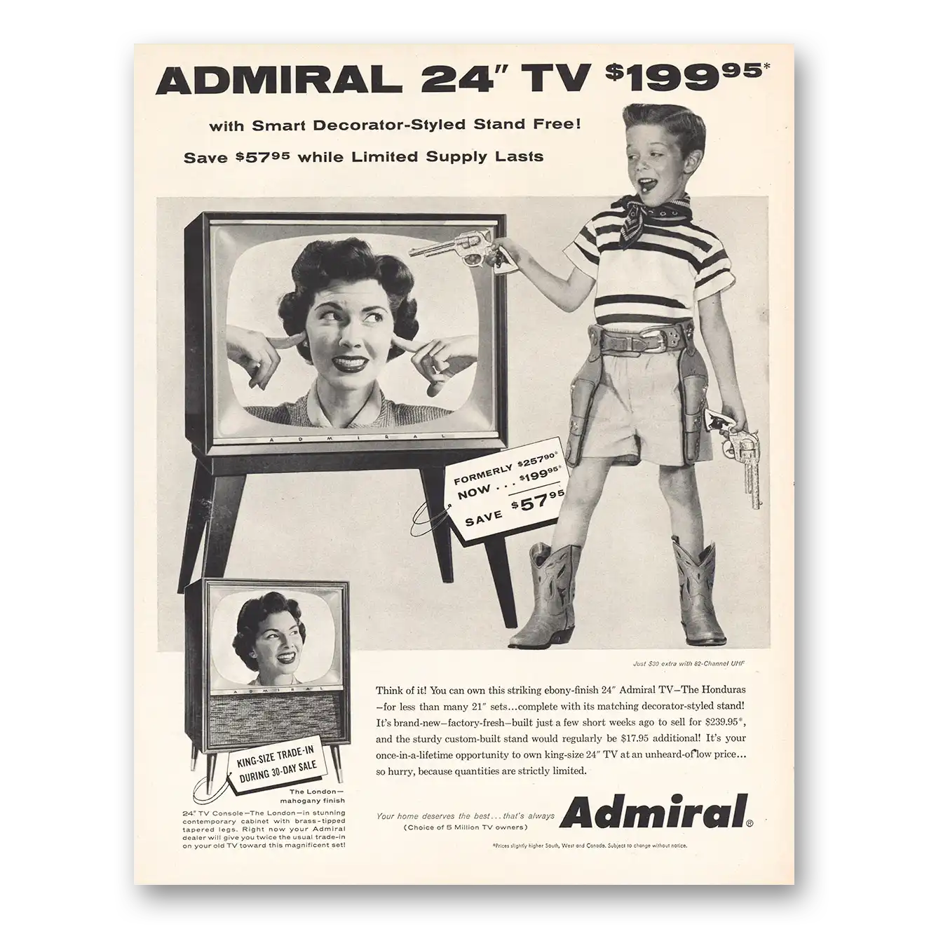 1955 Admiral Television Striking Ebony Finish Vintage Magazine Print Ad