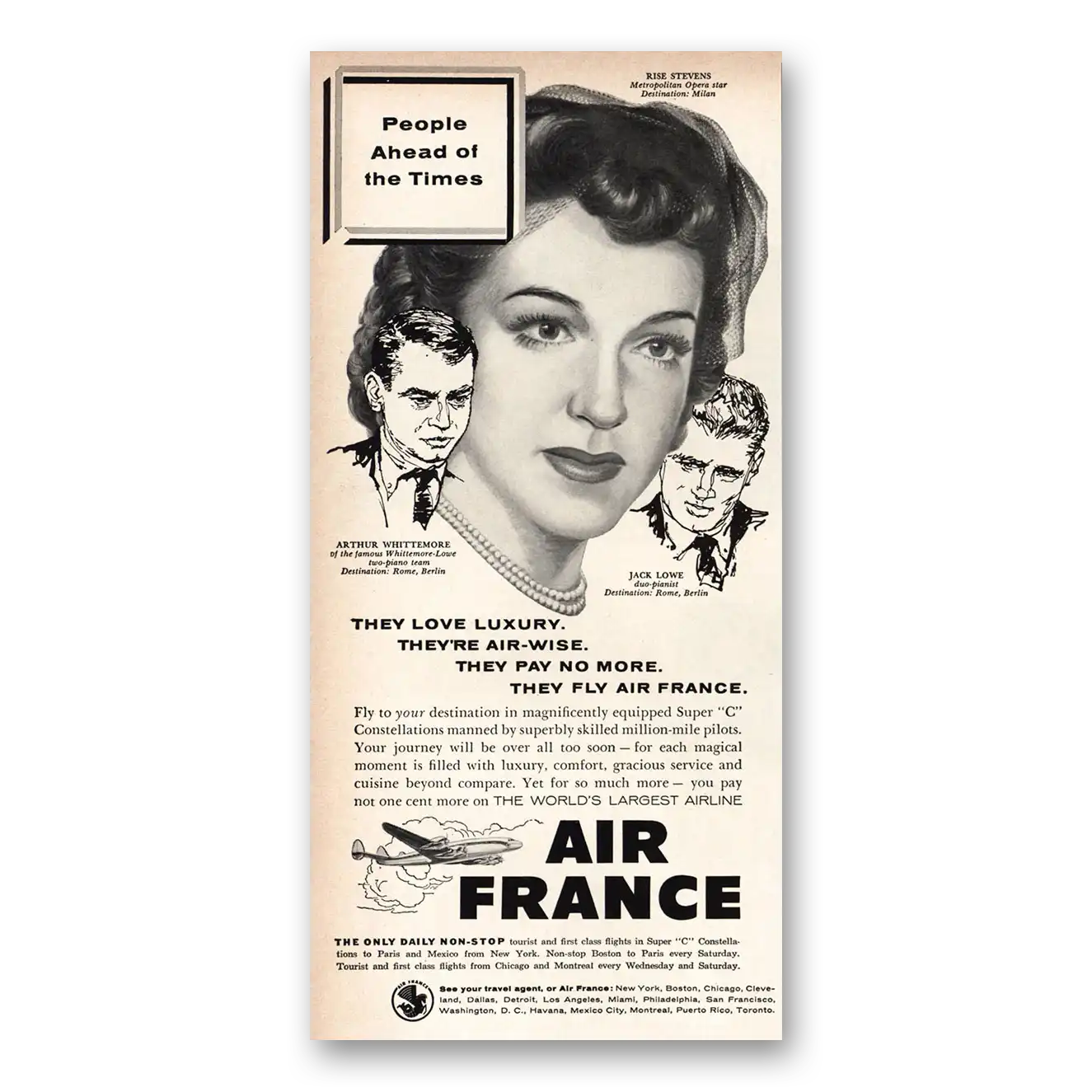 1955 Air France People Ahead of the Times Rise Stevens Vintage Magazine Print Ad