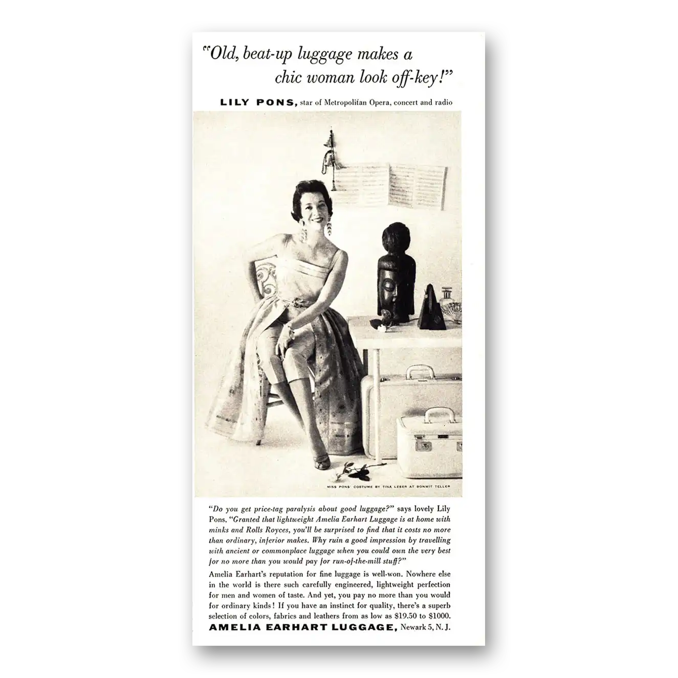 1955 Amelia Earhart Luggage Lily Pons Vintage Magazine Print Ad