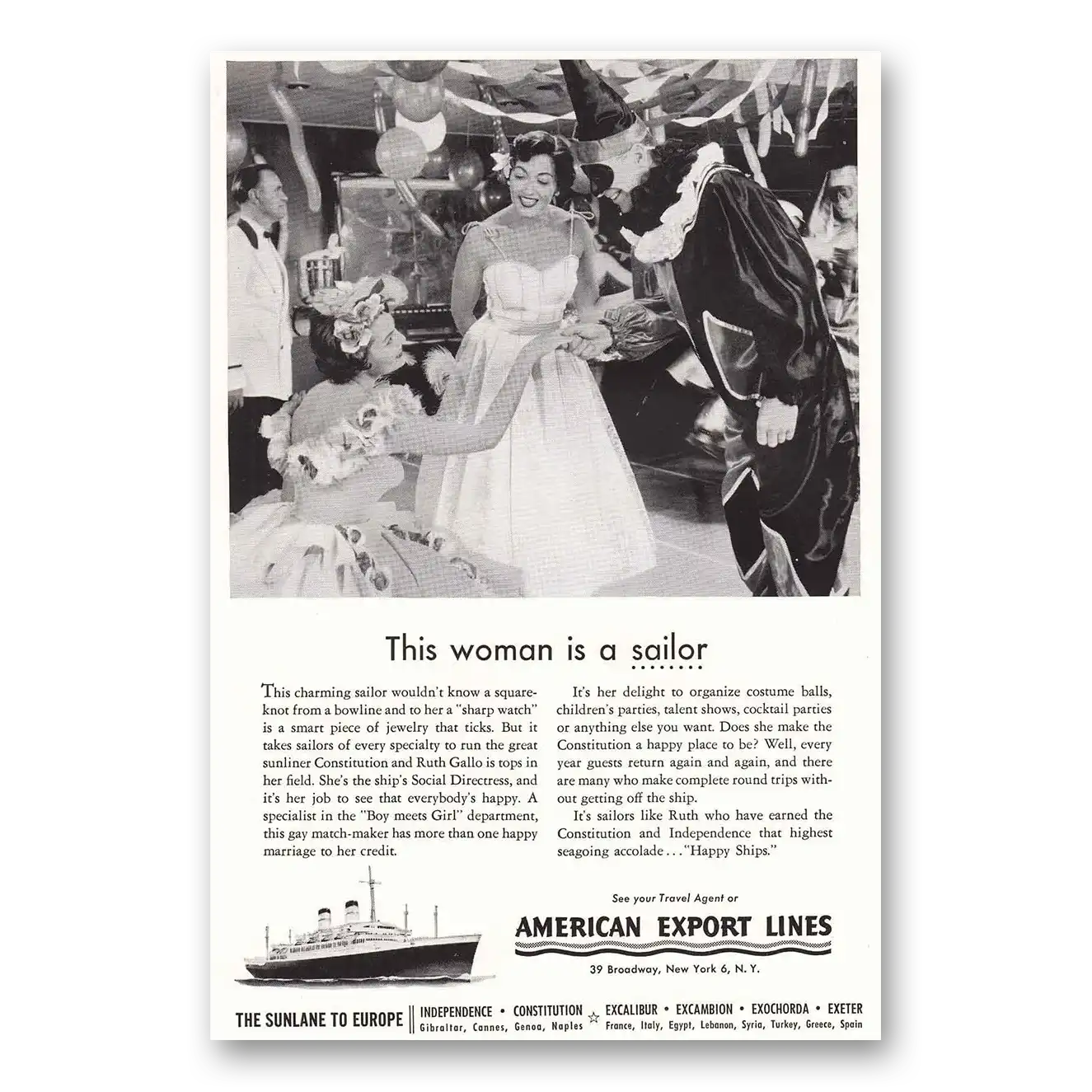 1955 American Export Lines Woman Is a Sailor Ruth Gallo Vintage Magazine Print Ad