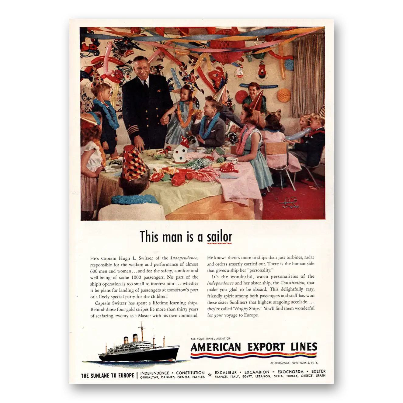 1955 American Export Lines Captain Hugh Switzer Independence Vintage Magazine Print Ad