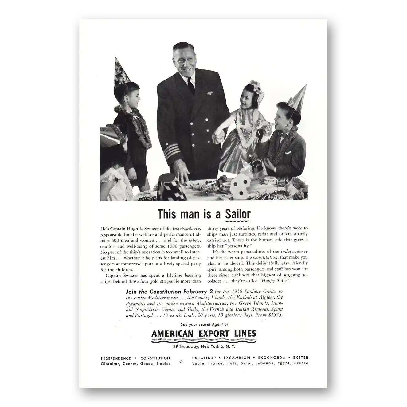 1955 American Export Lines Captain Switzer Independence Vintage Magazine Print Ad