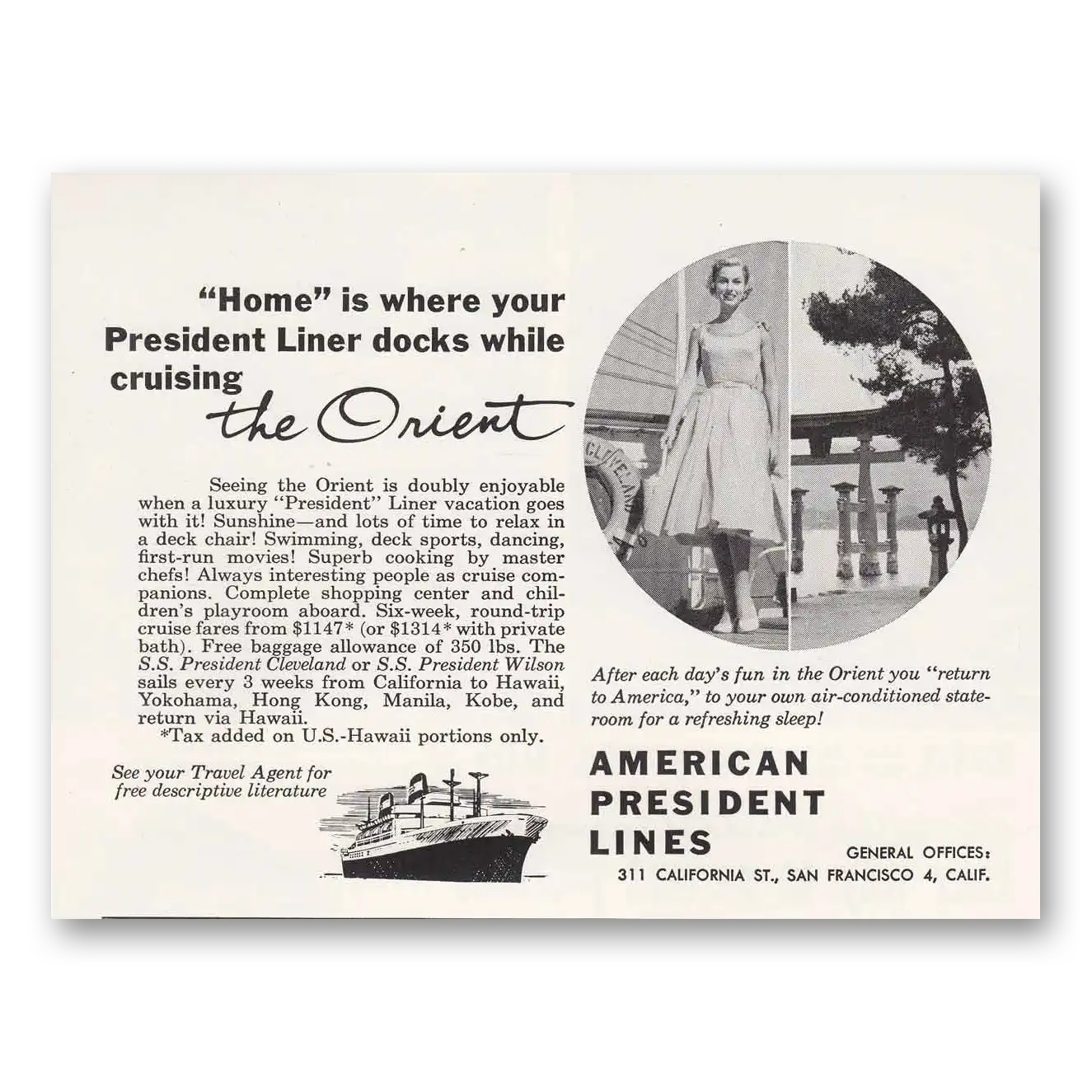 1955 American President Lines Home Is Where Your Pres Vintage Magazine Print Ad