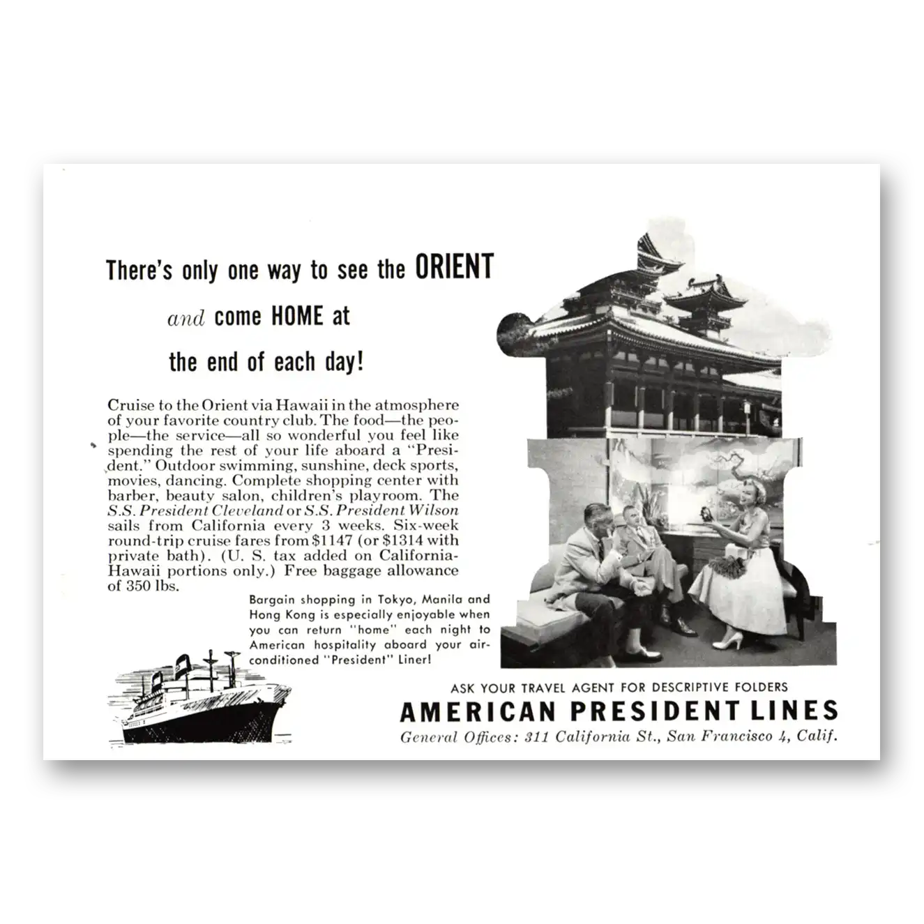 1955 American President Lines Theres Only One Way to See the Orient Vintage Magazine Print Ad