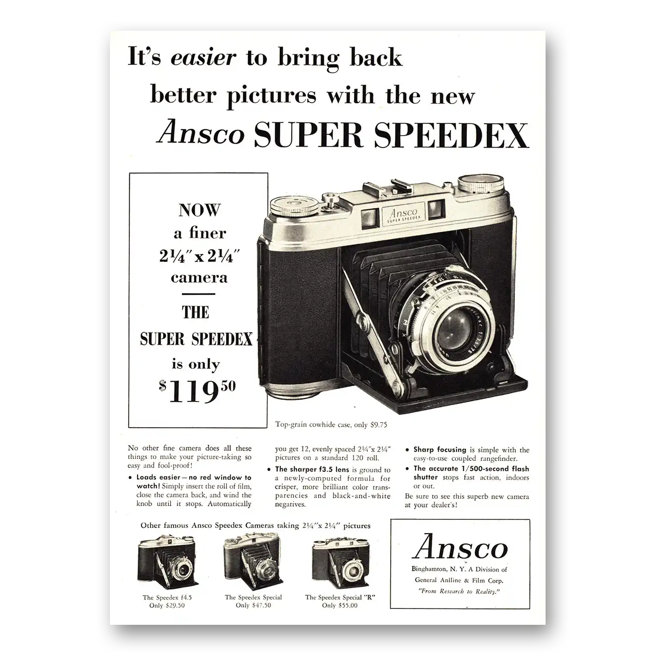 1955 Ansco Super Speedex Camera Easier to Bring Back Better Pictures Vintage Magazine Print Ad